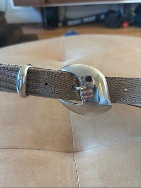 Taupe Textured Women's Leather Belt with Shiny Silver Crescent Buckle